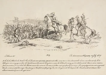 Wellington leidt een aanval van de wacht tegen een Franse colonne bij Waterloo, lithografie door R. Ackermann, 1815